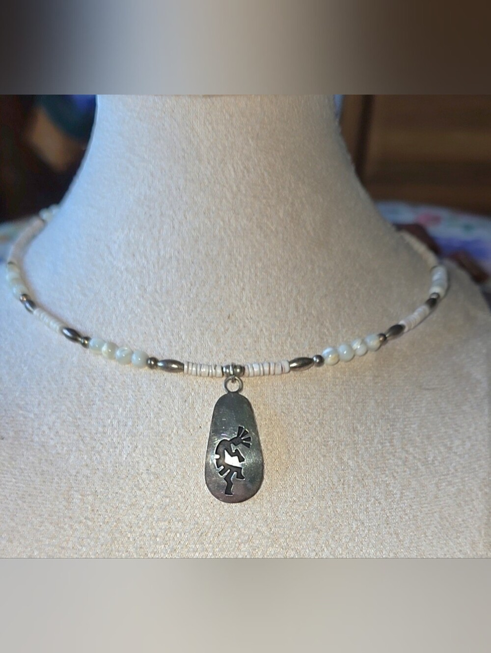 Vtg Hopi Sterling Silver Overlay Kokopelli Pendant Mother of Pearl Heishi Choker